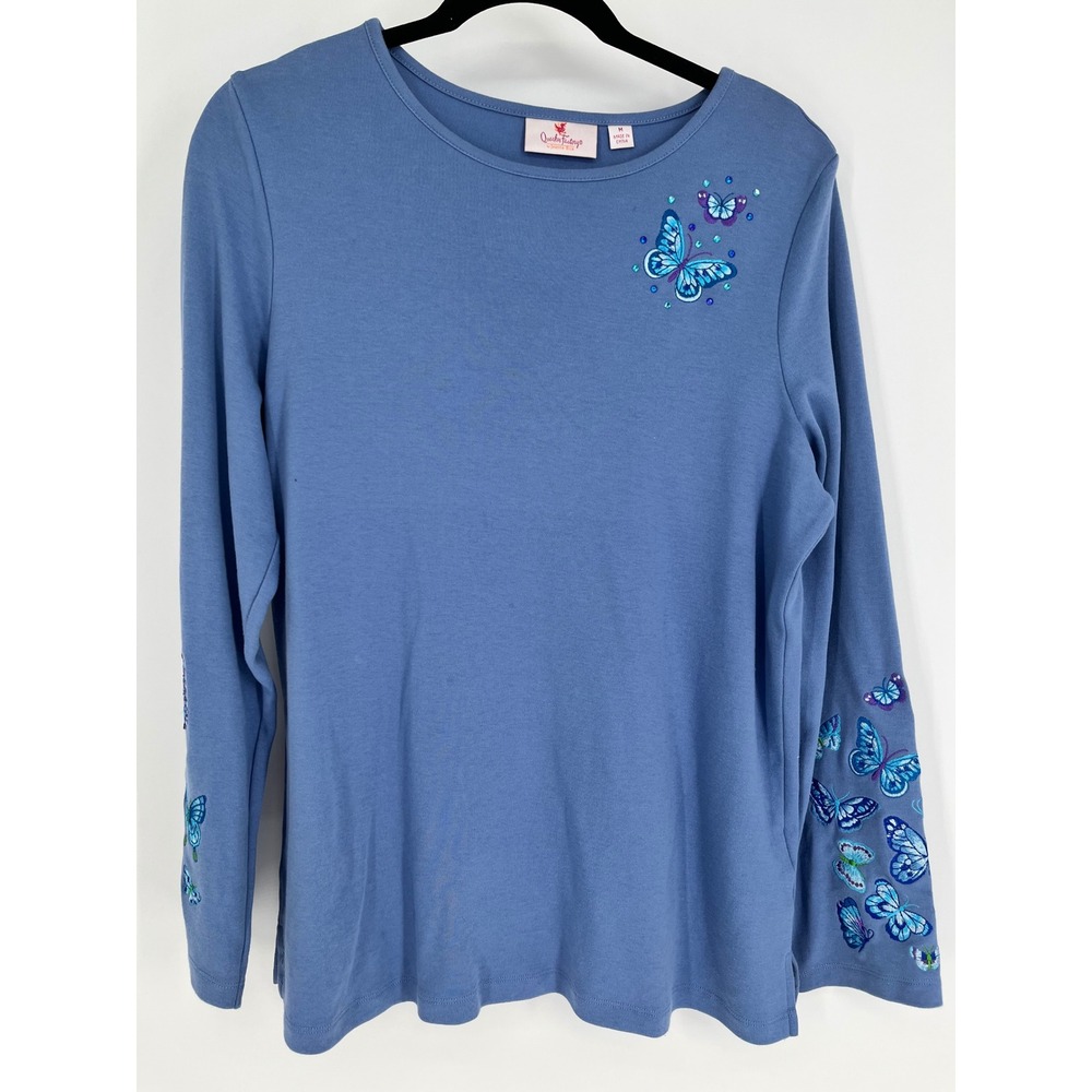 QUACKER FACTORY Top Women M Blue Butterfly Embroidered Sequin Long Sleeve Whimsy